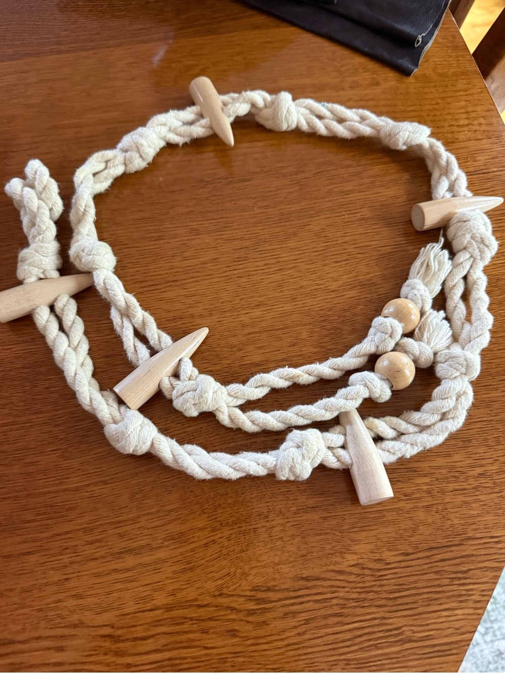 Braided Cotton Rope Necklace with Wooden Beads - vintage